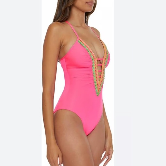 NWT BECCA Pink Crochet Plunge One Piece Swimsuit Sz S/P - Picture 2 of 10
